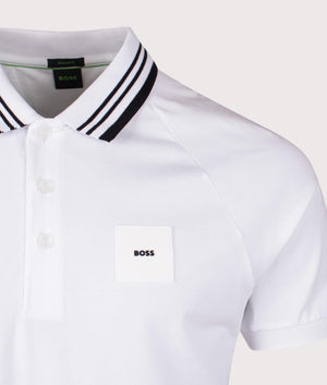 BOSS Paddy Rib Polo Shirt in White. 100& Cotton. Front logo shot 