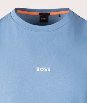 BOSS Relaxed Fit Print Striped T-Shirt in Open Green . Shot at EQVVS. Front logo shot 