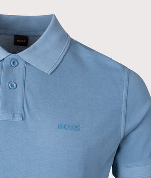 BOSS Prime Polo Shirt in Open Blue. Shot at EQVVS.  Detail shot. 