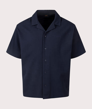 BOSS Relaxed Fit Waffle Shirt in Dark Blue. EQVVS Front Shot.