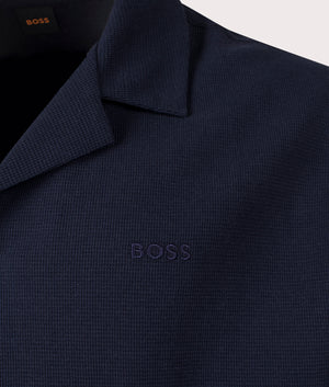 BOSS Relaxed Fit Waffle Shirt in Dark Blue. EQVVS Detail Shot.