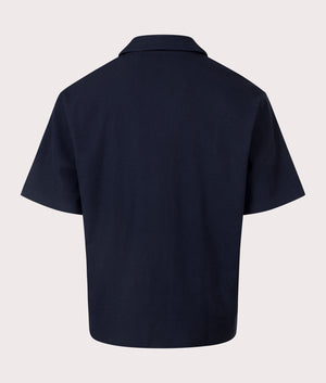 BOSS Relaxed Fit Waffle Shirt in Dark Blue. EQVVS Back Shot.