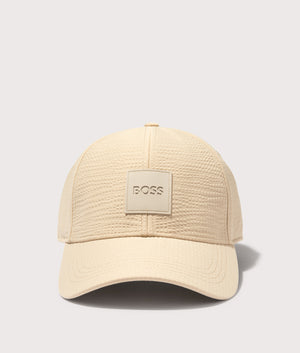 BOSS Seersucker Zed Cap in Light Beige. Shot at EQVVS. Front shot. 