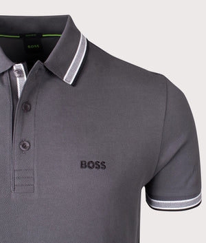 Paddy Polo Shirt in Dark Grey by BOSS. Detail shot. 