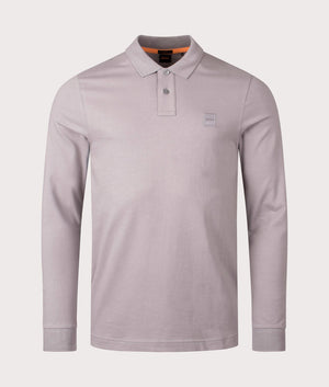 BOSS Slim Fit Passerby Long Sleeve Polo Shirt in Open Grey, Cotton Blend. At EQVVS Menswear. Front detail shot