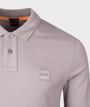 BOSS Slim Fit Passerby Long Sleeve Polo Shirt in Open Grey, Cotton Blend. At EQVVS Menswear. Front logo shot