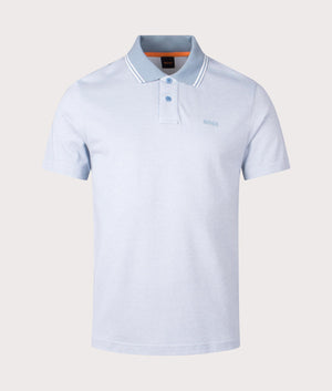 BOSS Oxford Pique New Polo Shirt in Light/Pastel Blue. At EQVVS Menswear. Front detail shot