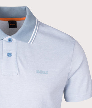 BOSS Oxford Pique New Polo Shirt in Light/Pastel Blue. At EQVVS Menswear. Front logo shot