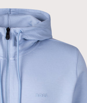 BOSS Zip Through Saggy Hoodie in Open Blue. Shot at EQVVS. Detail shot. 