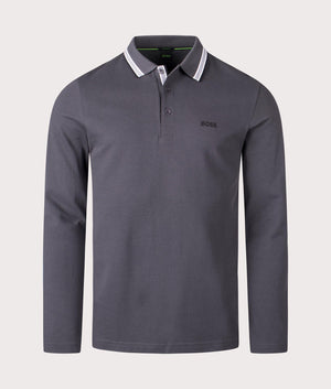 BOSS Plisy Long Sleeve Polo Shirt in Dark Grey. EQVVS front shot.