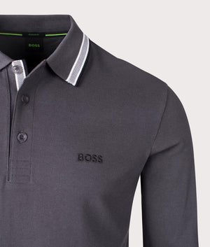 BOSS Plisy Long Sleeve Polo Shirt in Dark Grey. EQVVS detail shot.