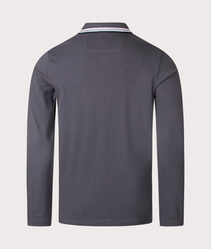 BOSS Plisy Long Sleeve Polo Shirt in Dark Grey. EQVVS back shot.