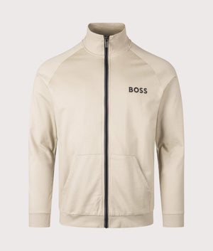 BOSS Authentic Zip Through Sweatshirt in Light Beige. Shot at EQVVS. Front shot.