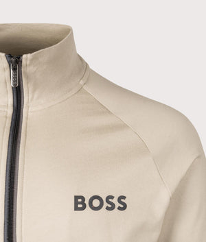 BOSS Authentic Zip Through Sweatshirt in Light Beige. Shot at EQVVS. Detail shot. 