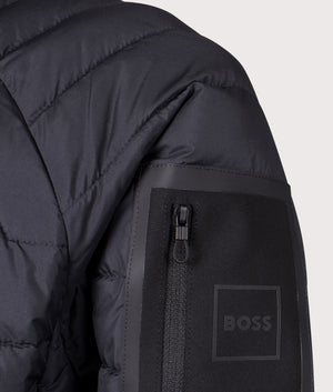 BOSS J Taranis Puffer Coat in Dark Blue. Shot at EQVVS.  Detail shot. 