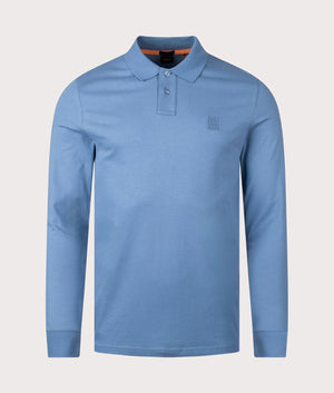 BOSS Slim Fit Passerby Long Sleeve Polo Shirt in Open Blue. EQVVS Front Shot.