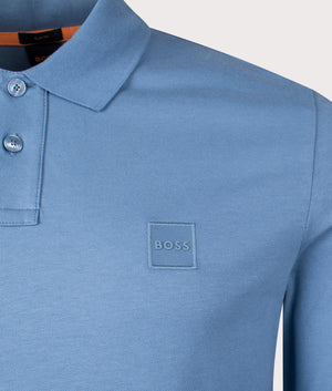 BOSS Slim Fit Passerby Long Sleeve Polo Shirt in Open Blue. EQVVS Detail Shot.