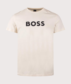 BOSS Contrast Logo RN T-Shirt in Open White. Shot at EQVVS. Front shot. 