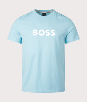 BOSS Contrast Logo RN T-Shirt in Light/Pastel Blue. EQVVS Front Shot.