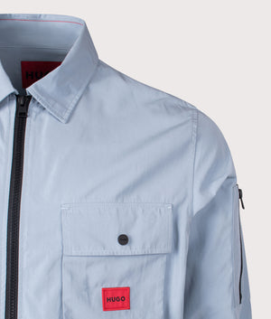 HUGO Emmond Overshirt in Open Blue. Shot at EQVVS. Detail shot. 