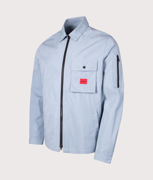 HUGO Emmond Overshirt in Open Blue. Shot at EQVVS. Angle shot. 