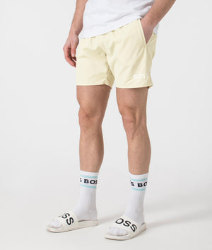 BOSS Starfish Swim Shorts in Open White . Shot at EQVVS. Front angle shot