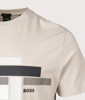 BOSS Relaxed Fit Glamping T-Shirt in Open Beige. Shot at EQVVS. Detail shot. 