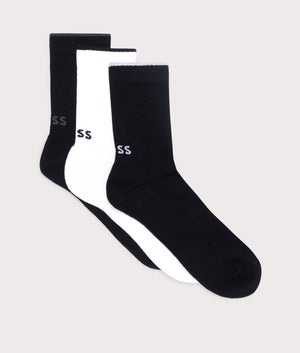 BOSS 3 Pack Logo Bamboo Socks in Black and White. EQVVS side shot.