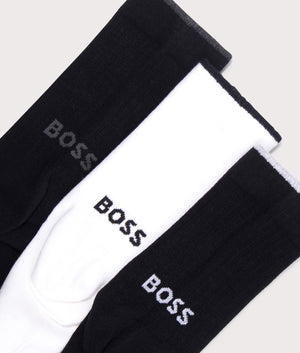 BOSS 3 Pack Logo Bamboo Socks in Black and White. EQVVS detail shot.