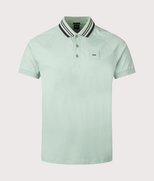 BOSS Paddy Rib Polo Shirt in Open Green. Shot at EQVVS. Front shot. 