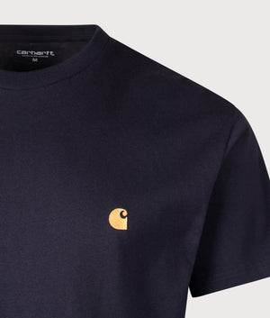 Carhartt WIP Relaxed Fit Chase T-Shirt in Dak Navy. Detail Shot at EQVVS.