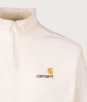 Carhartt WIP Relaxed Fit Quarter Zip American Script Sweatshirt in Natural Beige. EQVVS Detail shot.