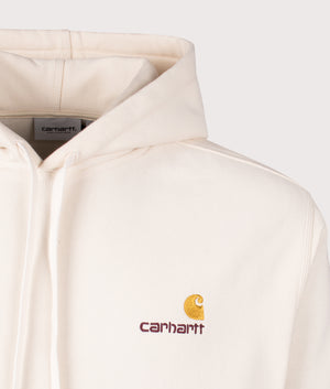 Carhartt WIP Relaxed Fit American Script Hoodie in Natural Beige. Detail Shot.