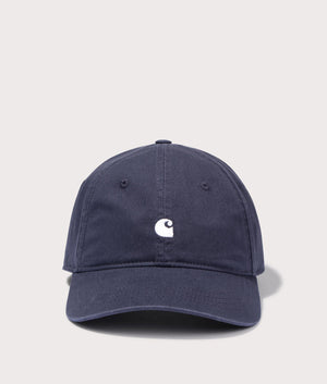 Carhartt WIP Madison Logo Cap in Dark Navy/Wax. Front angle shot at EQVVS.