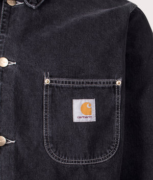 Carhartt WIP OG Chore Coat in Black Stone Washed. Shot at EQVVS. Detail shot. 