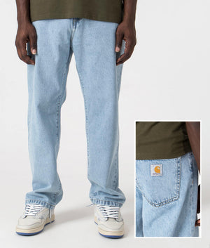 Relaxed Fit Landon Jeans in Blue by Carhartt. EQVVS Front Model and Detail Shot. 