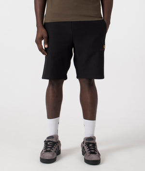 Carhartt WIP American Script Sweat Shorts in Black. Shot at EQVVS. Front shot. 