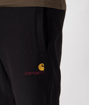 Carhartt WIP American Script Sweat Shorts in Black. Shot at EQVVS. Detail shot. 