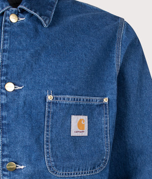 Carhartt WIP OG Chore Coat in Blue Stone Wash at EQVVS. Detail Shot.