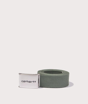 Carhartt WIP Chrome Clip Belt in Park. Shot at EQVVS. Logo shot 