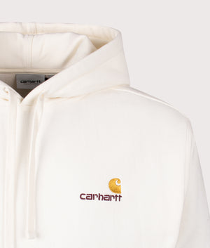 Carhartt WIP Relaxed Fit American Script Hoodie in Wax white. EQVVS Detail Shot.