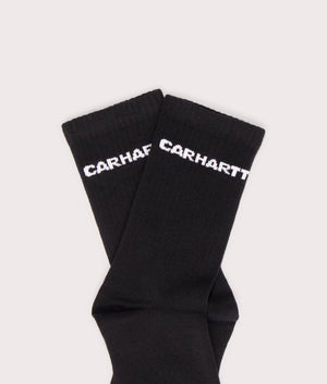 Carhartt WIP Link Socks in Black with White Branding Close Up Shot at EQVVS