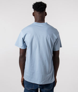 Carhartt WIP Relaxed Fit Surround T-Shirt in Frosted Blue with White Graphic Print, 100% Cotton Back Model Shot at EQVVS