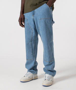 Relaxed Fit Double Knee Pants in Blue Stone by Carhartt WIP. EQVVS Side Angle Shot.