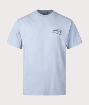 Carhartt WIP Relaxed Fit Stamp T-Shirt in Misty Sky/Black. Front angle shot at EQVVS.