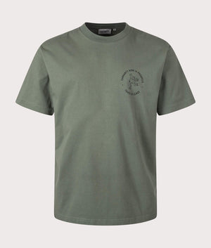 Carhartt WIP Relaxed Fit Stamp T-Shirt in Duck Green/Black. Front angle shot at EQVVS.