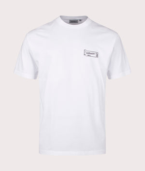 Carhartt WIP Relaxed Fit Stamp T-Shirt in White. Front angle shot at EQVVS.