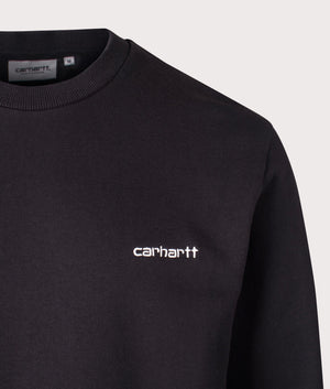 Carhartt WIP Script Embroidery Sweatshirt in Black/White. Detail angle shot at EQVVS.