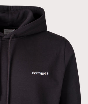 Carhartt WIP Script Embroidery Hoodie in Black/White. Detail angle shot at EQVVS.