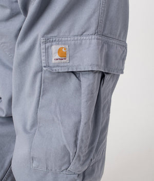 Dove Grey Carhartt WIP Cargo Pants, shot at EQVVS. Detail shot. 